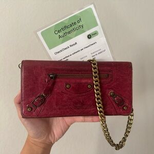 Balenciaga City Red Leather Chain Long Wallet with COA